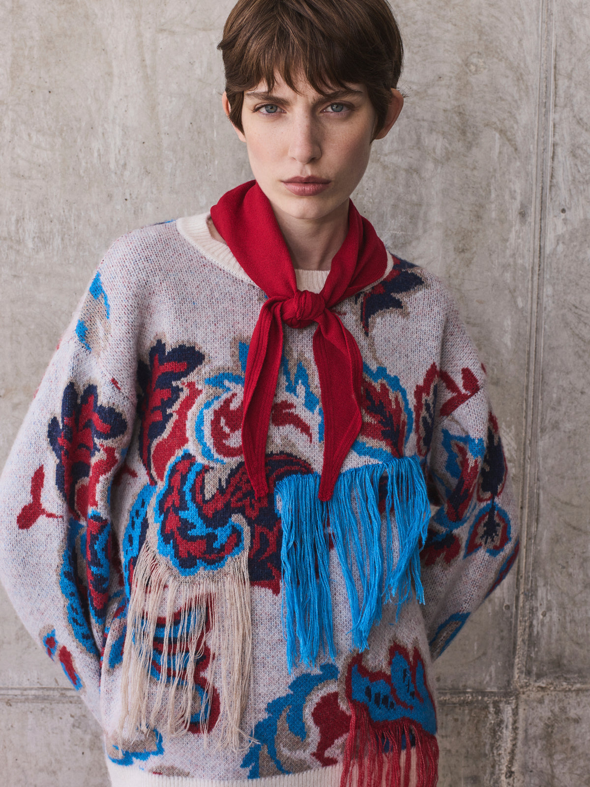 Multicolor knit sweater with fringe