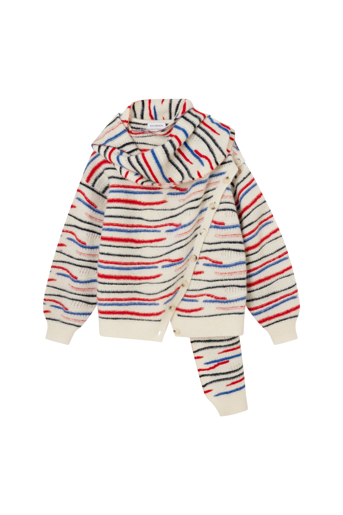 Striped knit sweater with integrated scarf